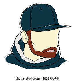 A portrait of a man in the style of minimalism, a linear drawing, the face of a young guy with a beard, a large cap with a visor on his head
