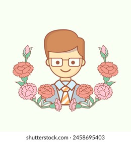 A portrait of a man surrounded by carnations. Father's Day illustration.
