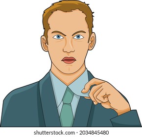 Portrait of a man in a thinking position, his hand grasping the tip of his shirt collar.