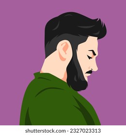 portrait of a man with undercut hairstyle and beard looking down. side view. for avatars, profile photos on social media, web, print, etc. flat vector graphics.