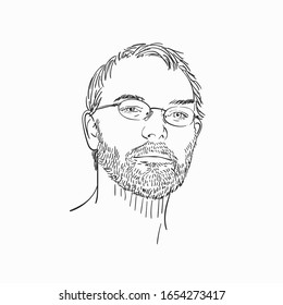 Portrait of man wearing glasses and beard hand drawn isolated, Vector sketch line art illustration