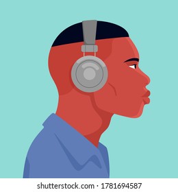 Portrait of a man wearing headphone. Avatar of a man hearing music. Avatar Minimalist. Flat Vector illustration