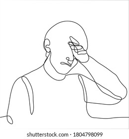 portrait of a man who cries heavily and wipes away his tears with his left hand. One continuous line art man crying / sobbing / whining