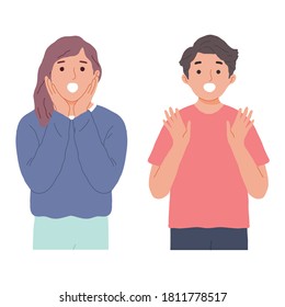 Portrait of man and woman with face emotion of surprise delight joy happy after hear good news in vector flat style Illustration cartoon