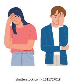 Portrait of a man and woman with a gestures facepalm because headache shame and disappointment in vector flat illustration cartoon style