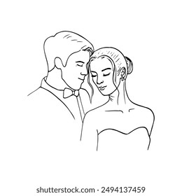 portrait of man and woman with heads pressed tenderly together - hand drawn doodle