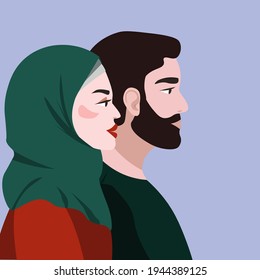 Portrait of a man and a woman, husband and wife.The couple look in one direction in profile. The concept of tolerance, friendship of people of different nationalities. Vector graphics.
