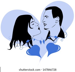 Portrait of a man and a woman on a background of blue heart