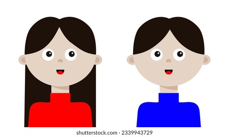 Retrato de hombre mujer ambientado. Cara de niño pequeño. Cabello negro. Señora, mujer, hombre. Peluquería de brunette. avatar de las redes sociales. Personaje de dibujos animados. Diseño plano. Fondo blanco. Vector