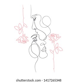 Portrait of a man and woman silhouettes of persons kiss and roses