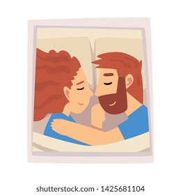 Portrait of Man and Woman Sleeping in Bed, Hugging Couple in Love Photo Vector Illustration