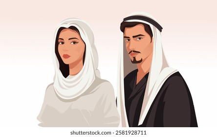 Portrait of a man and woman wearing traditional attire. Vector illustration