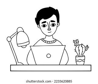 Portrait of man working at laptop at table with table lamp and cactus flowerpot. Vector illustration. linear hand drawn doodle. Male character student, pupil, office employee