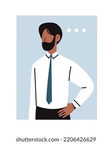 Portrait of man. Young man with beard. Abstract style. Avatar for messengers, sticker for social networks. Character in white shirt and trousers, businessman. Cartoon flat vector illustration