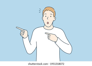 Portrait of a man with a young facial expression pointing his finger to the left. Hand drawn style vector design illustrations.