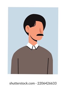 Portrait of man. Young guy with mustache. Avatar for messengers and social networks. Abstract character, poster or banner for website. Fashion, beauty and trend. Cartoon flat vector illustration