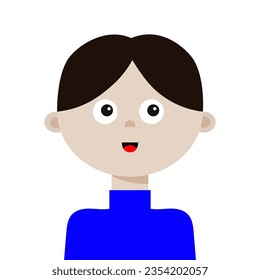 Portrait of man. Young little kid boy face. Black hair. Brunette hairstyle. Social networks avatar. Business activities. Cute cartoon character. Flat design. White background. Vector illustration