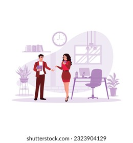 Portrait of a manager and employee discussing together in the office of a multicultural company. Trend Modern vector flat illustration.