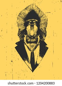 Portrait of Mandrill in suit, hand-drawn illustration, vector