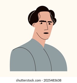 Portrait of manly handsome guy with fashionable hairstyle looking at camera with serious expression. Avatar of a nordic guy for social network. Flat vector cartoon illustration isolated on white