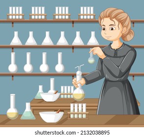 Portrait of Marie Curie in cartoon style illustration