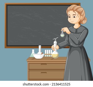 Portrait of Marie Curie in cartoon style illustration