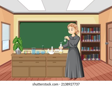 Portrait of Marie Curie in cartoon style illustration