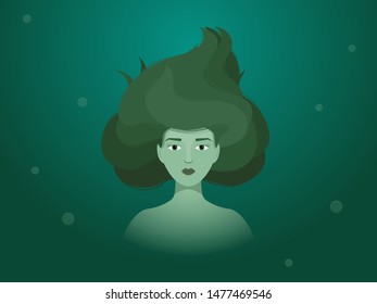 Portrait of a marsh mermaid in shades of green with side hair in the bubbles.