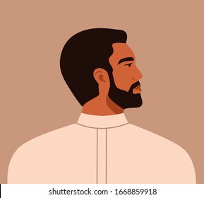 Portrait Of A Masculine Arab Man In Profile. Avatar Of Confident Young Eastern Guy. Saudi Male Character. Vector Illustration