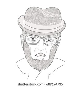 The portrait of mature men Zen Tangle vector illustration. Aged person in a hat and glasses. Coloring book for adults. Black and white.