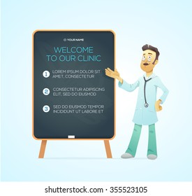 Portrait medical doctor and advertisement board. Character illustration. Vector