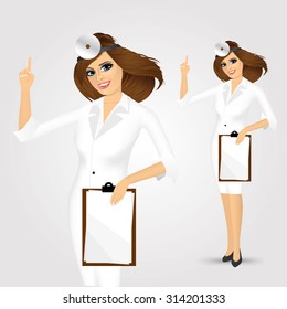 portrait of medicine doctor woman with clipboard pointing up isolated over white background