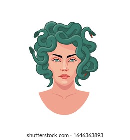 Portrait of medusa gorgon with green snakes hair vector graphic illustration. Face of beautiful ancient female monster isolated on white background. Head of greek mythology woman