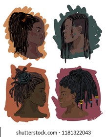 Portrait of men and women with dreadlocks in profile. Isolated on white background. Vector illustration in sketch style 