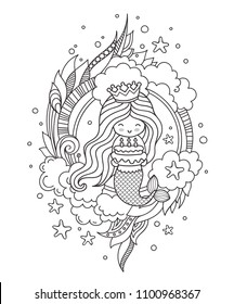 Portrait of mermaid with birthday cake. Cute little girl. Page for coloring book, greeting card, print, t-shirt, poster. Hand-drawn vector outline illustration.