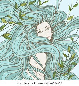 Portrait of a mermaid with streaming hair, hand drawn vector illustration