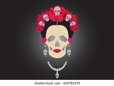 Portrait of Mexican Catrina with skulls and flowers. Inspiration Santa Muerte in Mexico and la Calavera. Vector illustration isolated on black background.