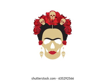 portrait of Mexican Catrina with skulls and red flowers , inspiration Santa Muerte in Mexico and Frida , vector illustration isolated