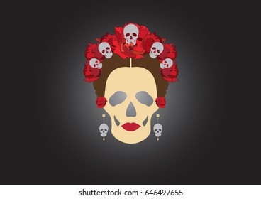 portrait of Mexican Catrina with skulls and red flowers , inspiration Santa Muerte in Mexico and la Calavera , vector illustration isolated or black background 