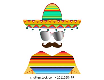 portrait of Mexican man in sombrero and poncho with sun glasses, sketch vector illustration isolated. Colorful drawing of Mexican man in traditional clothes and mustache icon template