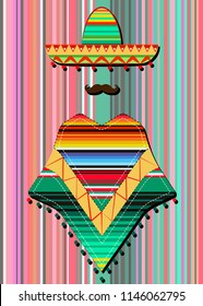 portrait of  Mexican man in sombrero and poncho, isolated. Blanket Stripes, sketch vector illustration background. Colorful drawing of Mexican man in traditional clothes and mustache icon template