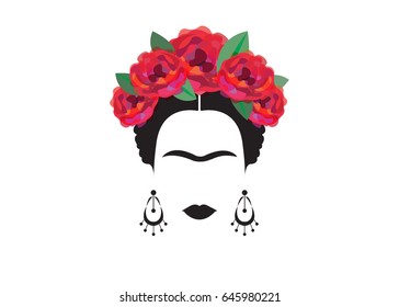 Portrait Of Mexican Or Spanish Woman Minimalist Frida Kahlo With Earrings And Red Flowers, Vector Isolated