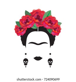 Portrait Of Mexican Or Spanish Woman Minimalist Frida Kahlo With Earrings Skulls And Red  Flowers , Vector Isolated