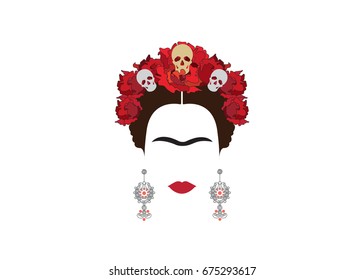 portrait of Mexican woman with skulls , Mexican crafts earrings and red flowers, minimalist Frida Kahlo, inspiration Santa Muerte in Mexico and Catrina, vector illustration