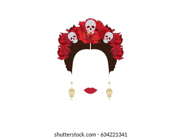 portrait of Mexican woman with skulls and red flowers, inspiration Santa Muerte in Mexico and Catrina, vector illustration isolated