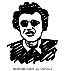 Portrait of a middle age man wearing business suit with tie and sunglasses. Hand drawn linear doodle rough sketch. Black silhouette on white background.