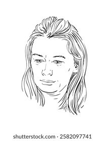 Portrait of a middle age woman with loose medium length hair looking down thoughtfully, Hand drawn Illustration, Vector sketch isolated female head