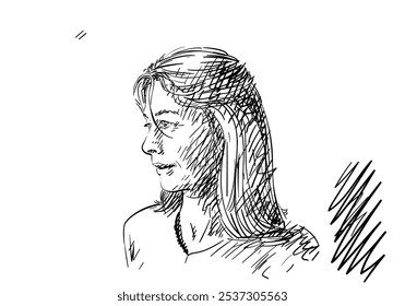 Portrait of a middle aged woman with shoulder length hair, Hand drawn, Adult female head looking aside with a slightly smile, Vector sketch