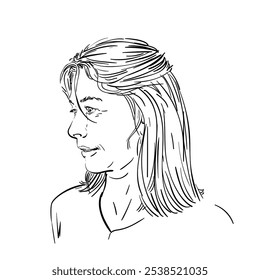 Portrait of a middle aged woman with shoulder length hair, Hand sketch with black lines on white background, Adult female head looking aside with a slightly smile, Hand drawn vector illustration