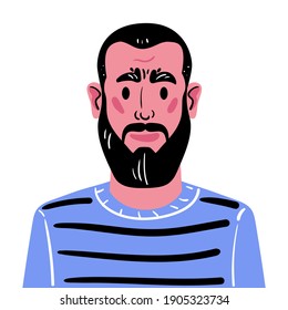 Portrait of a middle-aged man with a beard and dark hair. Illustration of a man avatar in a blue sweater with stripes. Hand-drawn face isolated on white background.